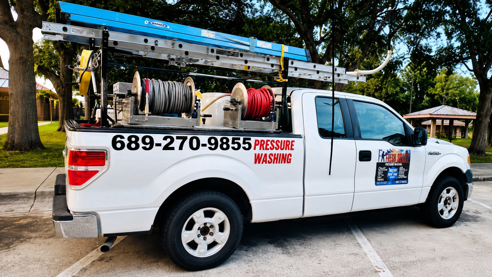 White Ford F-150 pressure washing truck with equipment rack and hoses parked under trees