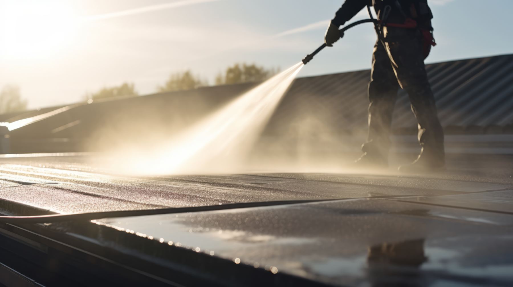 Worker pressure washing industrial rooftop with high-pressure water spray