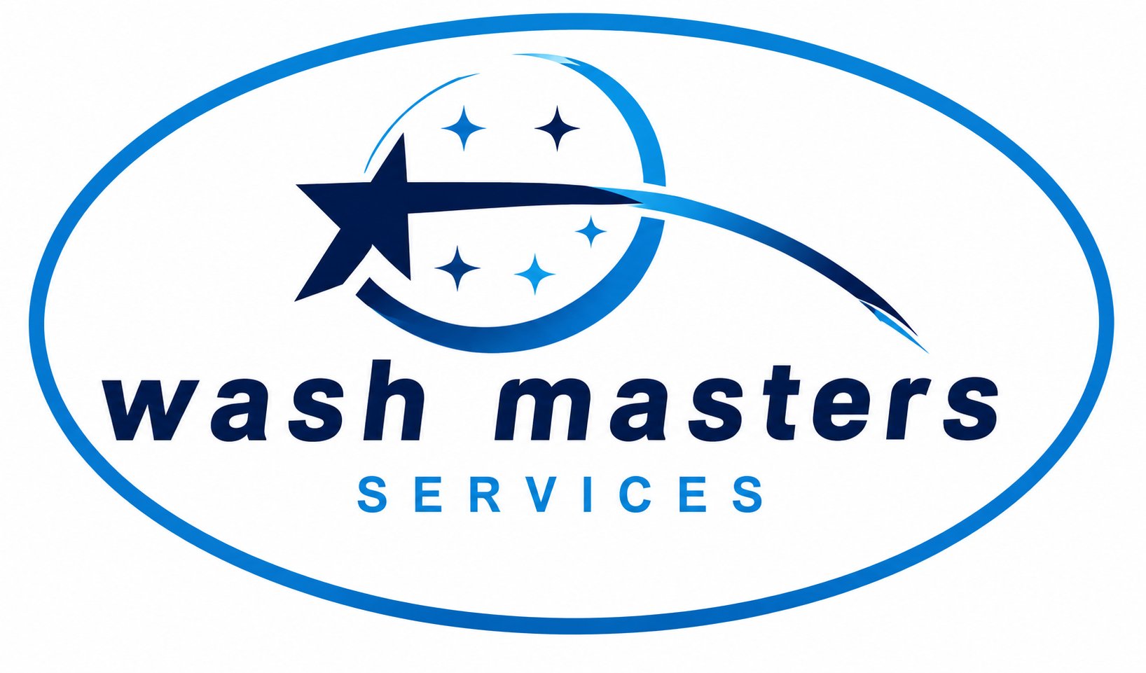 Wash Masters Services logo with blue star and sparkles in an oval frame