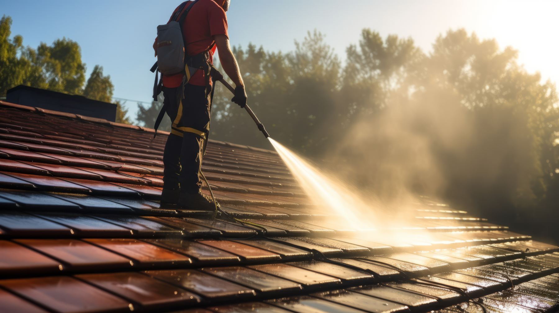 Worker in safety harness pressure washing a metal roof in bright sunlight